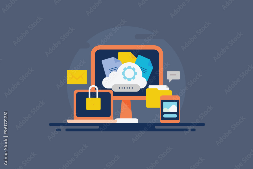 Poster cloud computing, virtual storage security, data safety and encrypted digital technology conceptual v