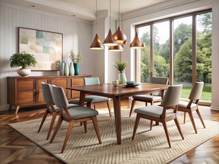 Fototapeta premium Polished wood and geometric cutouts meld seamlessly to create a timeless, sophisticated dining space that effortlessly
