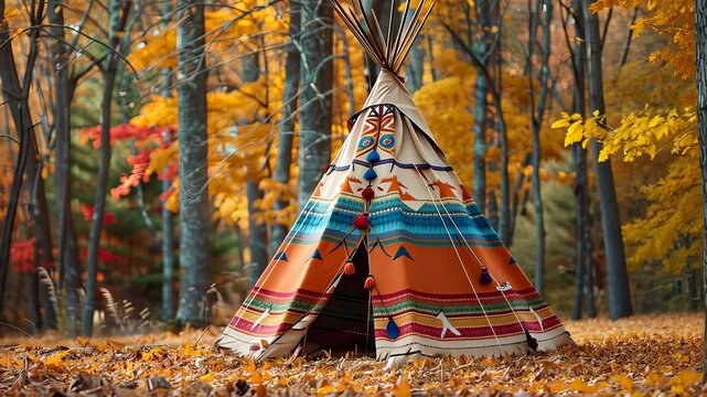 Colorful teepee in autumn forest, cultural and scenic beauty concept