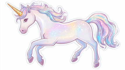 Fototapeta premium A sweet unicorn with a shiny golden horn, drawn in soft colors. It's a cute sticker that looks perfect for kids.