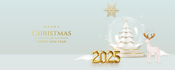 Happy New Year 2025. Christmas and New Year greeting card with snow globe with christmas tree, golden realistic metallic numbers, deer and snowflake.