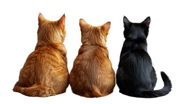 Three Cats Sitting Side by Side Facing Away on Transparent Background