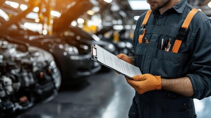 Mechanic holding a clipboard with a checklist, conducting a vehicle maintenance review