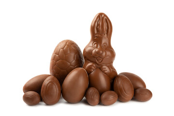 Easter chocolate bunny, chick and chocolate eggs isolated on white background. Chocolate eggs and...