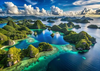 Naklejka premium Raja Ampat's aerial panorama showcases turquoise lagoons, clusters of tiny islands, and coral reefs teeming with marine