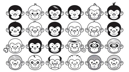 Fototapeta premium 24 black and white cartoon monkey faces.