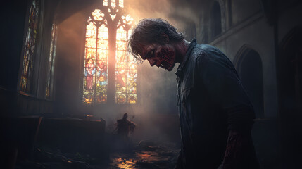 A man with blood on his face stands in front of a stained glass window