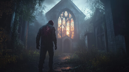 A zombie with rotting flesh, standing in front of an old, abandoned church, dark shadows cast by broken stained glass windows.