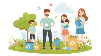 Fototapeta premium Flat Design Illustration of a Family Engaged in Recycling in an Environmentally Friendly Park