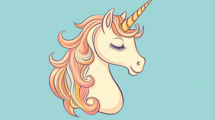 A sweet unicorn with a shiny golden horn, drawn in soft colors. It's a cute sticker that looks perfect for kids.