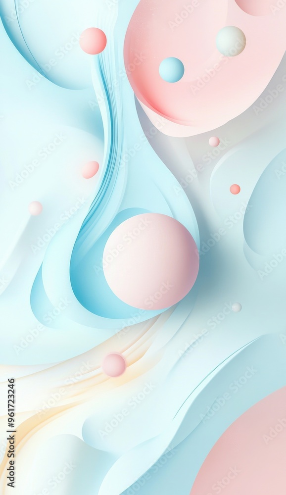 Poster abstract shapes in pastel colors featuring spheres and fluid patterns creating a serene and harmonio
