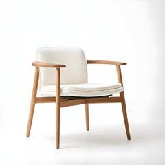 Obraz premium Scandinavian-Inspired Office Chair with Wooden Frame and White Fabric Cushions – Minimalist, Low-Profile Design, chair isolated on white background