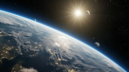 Obraz premium Earth's curvature illuminated by the sun with distant moons visible in the black expanse of space