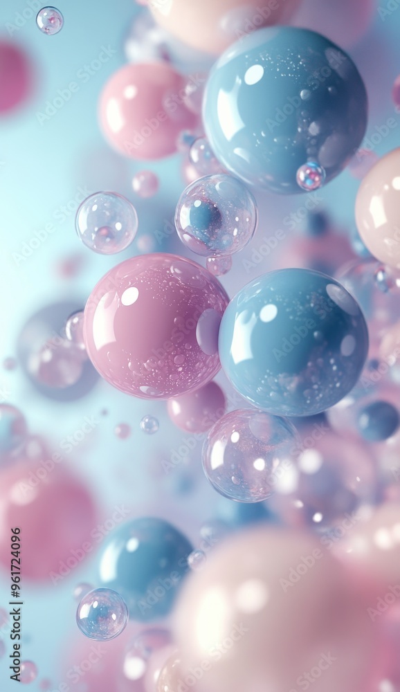 Poster abstract spheres and bubbles in pastel colors create a whimsical and dreamy visual, capturing light 