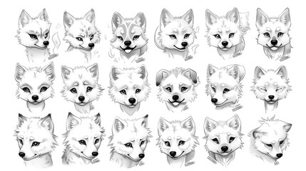 Fototapeta premium 18 Detailed Pencil Drawings of Cute Cartoon Fox Faces.