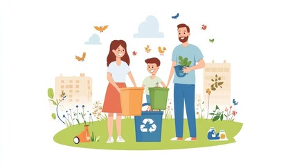 Fototapeta premium Flat Design Illustration of a Family Engaged in Recycling in an Environmentally Friendly Park