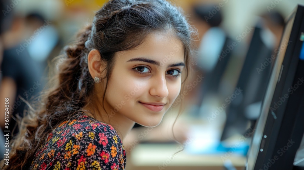 Wall mural Smiling Young Woman Using Computer at Office