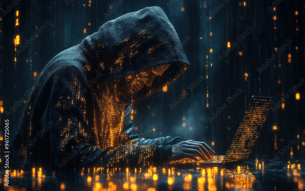 Poster cyberpunk hacker in digital rain