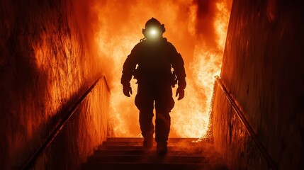 Fototapeta premium Firefighter Ascending Stairs Amidst Blaze