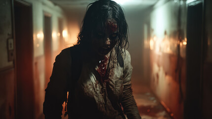 Obraz premium A zombie in tattered clothing, with dark, rotting skin and hollow eyes, standing in an abandoned asylum hallway, flickering lights casting long shadows.