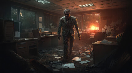 A zombie in a tattered suit, with dark, rotting skin, standing in a deserted, creepy office building, broken desks and papers scattered around.