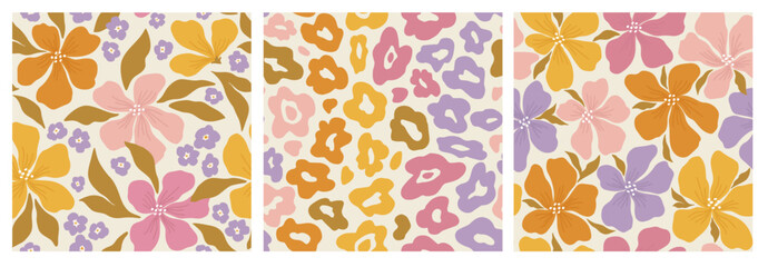 Trendy floral set of seamless pattern illustration. Vintage 70s style hippie flower background design. Colorful pastel color artwork, nature backdrop with spring © Angelina Bambina