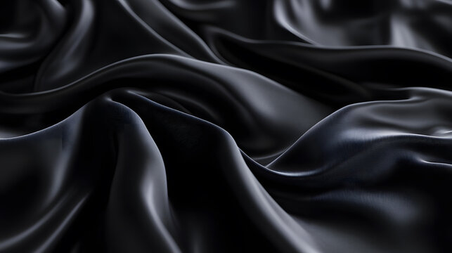 Luxurious flowing black fabric with soft folds and elegant drapes, exuding sophistication and refinement