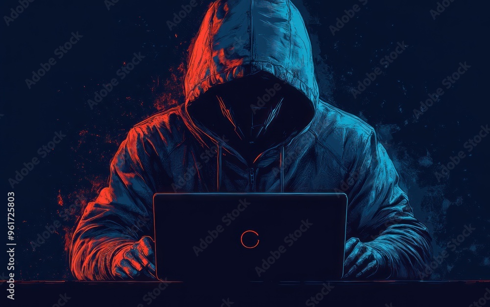 Poster mysterious hacker working on laptop