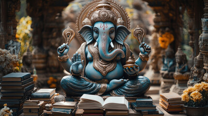Fototapeta premium Lord Ganesha surrounded by books and pens, symbolizing knowledge and wisdom, particularly for students.