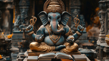 Fototapeta premium Lord Ganesha surrounded by books and pens, symbolizing knowledge and wisdom, particularly for students.