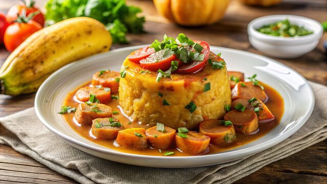Savory mofongo mashes together with savory broth and crispy fried plantains on a white plate, served with a