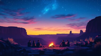 Sunset Campfire Gathering in Desert Canyon