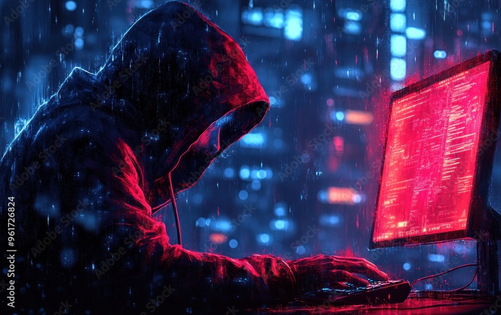 Poster cyberpunk hacker in the rain