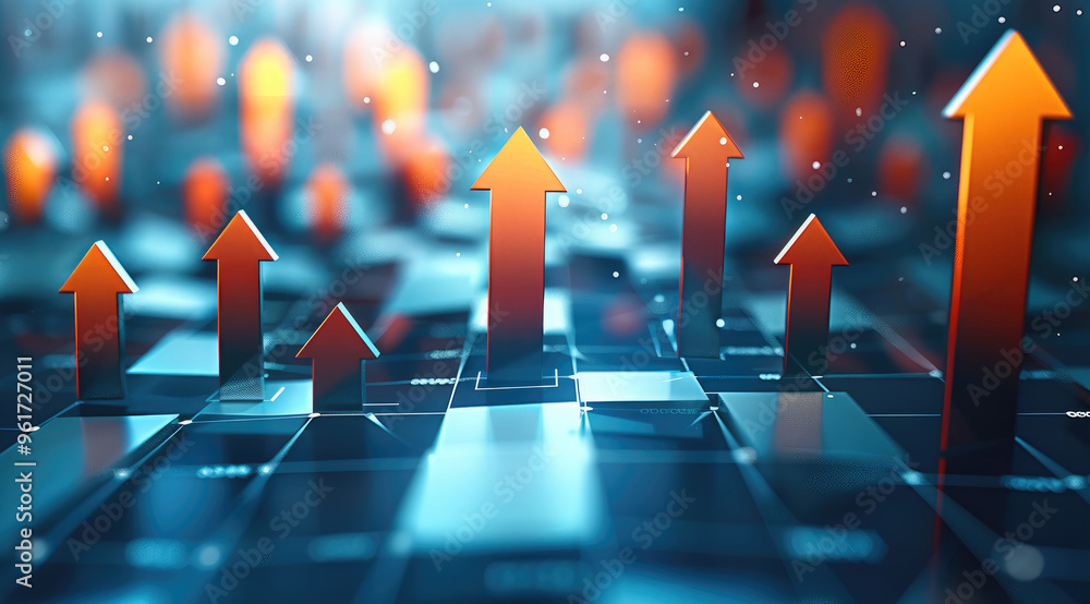 Poster a stylized graphic of an upward-pointing arrows symbolizing business development, growth, and dynami