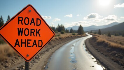 Caution Road Under Construction Sign with Workers in Background