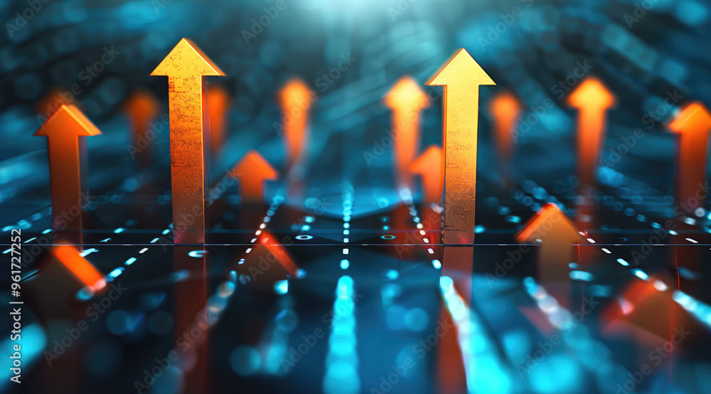 Poster a stylized graphic of an upward-pointing arrows symbolizing business development, growth, and dynami