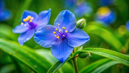 Small leaf spiderwort produces delicate blue blooms, sheltered amidst lush greenery that rivals their quiet beauty.