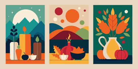 Three autumn posters with pumpkins, candles, and leaves