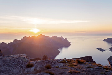 Obraz premium Children and adults, family with dog, hiking Grytetippen trail in Senja, Lofoten on a sunny summer day