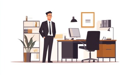 Fototapeta premium Flat Design Illustration of a Businessman Working in a Modern Office on Clean White Background