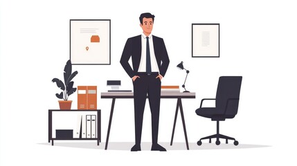 Fototapeta premium Flat Design Illustration of a Businessman Working in a Modern Office on Clean White Background