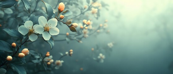 White Flowers Blooming in Foggy Forest