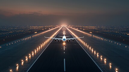 Glowing Nighttime Aerial View of Illuminated Airport Runway Showing Patterns of Light, Motion, and Airport Operations in Stunning 8K Resolution, Generative Ai