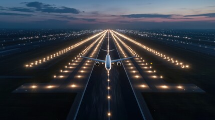 Glowing Runway: Aerial View of Illuminated Airport at Night with Vibrant Light Patterns and Travel Operations in 8k Resolution, Generative Ai