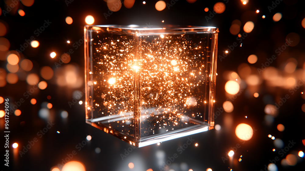 Poster a glowing cube surrounded by shimmering particles in a dark environment creates a visually stunning 