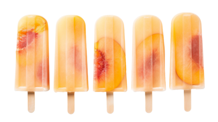 Five peach-flavored popsicles in a row, displayed on a white background, showcasing their refreshing summer-delightful appearance.