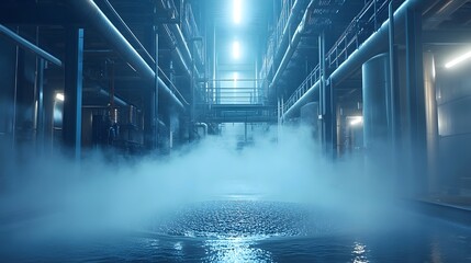 Cooling Tower System
A large industrial cooling tower with water flowing over layers of fill material, evaporating to release heat. Pipes are visible, connecting to the plant infrastructure.