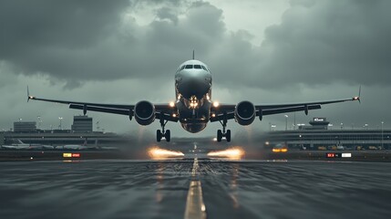 Majestic Plane Landing Amidst Dramatic Cloud Formations and Luminous Lighting Effects - Concept of Arrival and Travel in Aviation Industry in 8K Resolution, Generative Ai