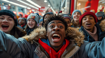 Group of enthusiastic shoppers screaming with excitement on Black Friday.