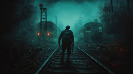 A dark, eerie zombie is walking on a train track in the dark